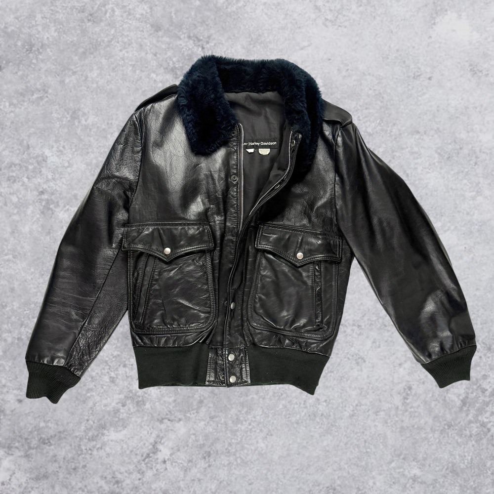 Vintage AMF Harley Davidson Leather Flight Bomber Jacket Black Faux Fur Collar